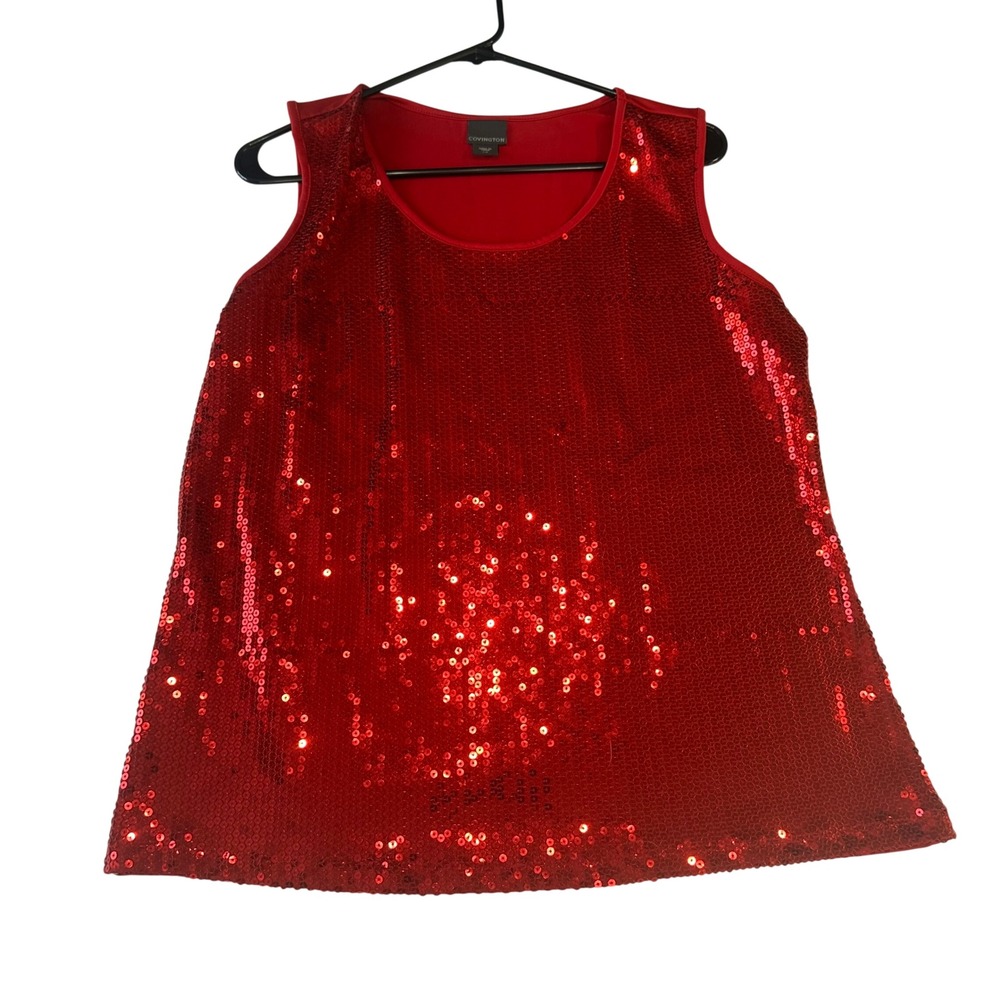 Covington Red Sequin Sleeveless Tank Top Scoop Neck Holiday Party Womens Large